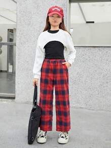 SHEIN Leap Crew Tween Girls Loose Plaid Print Pants, Suitable For Autumn And Winter - Red - View 5