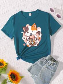 SHEIN Tween Girls' Fun Boba Tea Cat Printed Round Neck Short Sleeve T-Shirt - Teal Blue - View 1