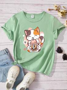 SHEIN Tween Girl Fun Boba Cat Pattern Round Neck Short Sleeve T-Shirt - Green - View 1