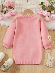 SHEIN 幼兒女童手工針織3d花卉裝飾可愛休閒毛衣連衣裙 - 粉色 - 查看 2