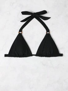 Triangle Cup Halter Neck Bikini Top - Black - View 3