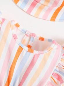SHEIN Baby Girls' Striped Ruffled Sleeveless Romper And Hat, 2pcs/Set