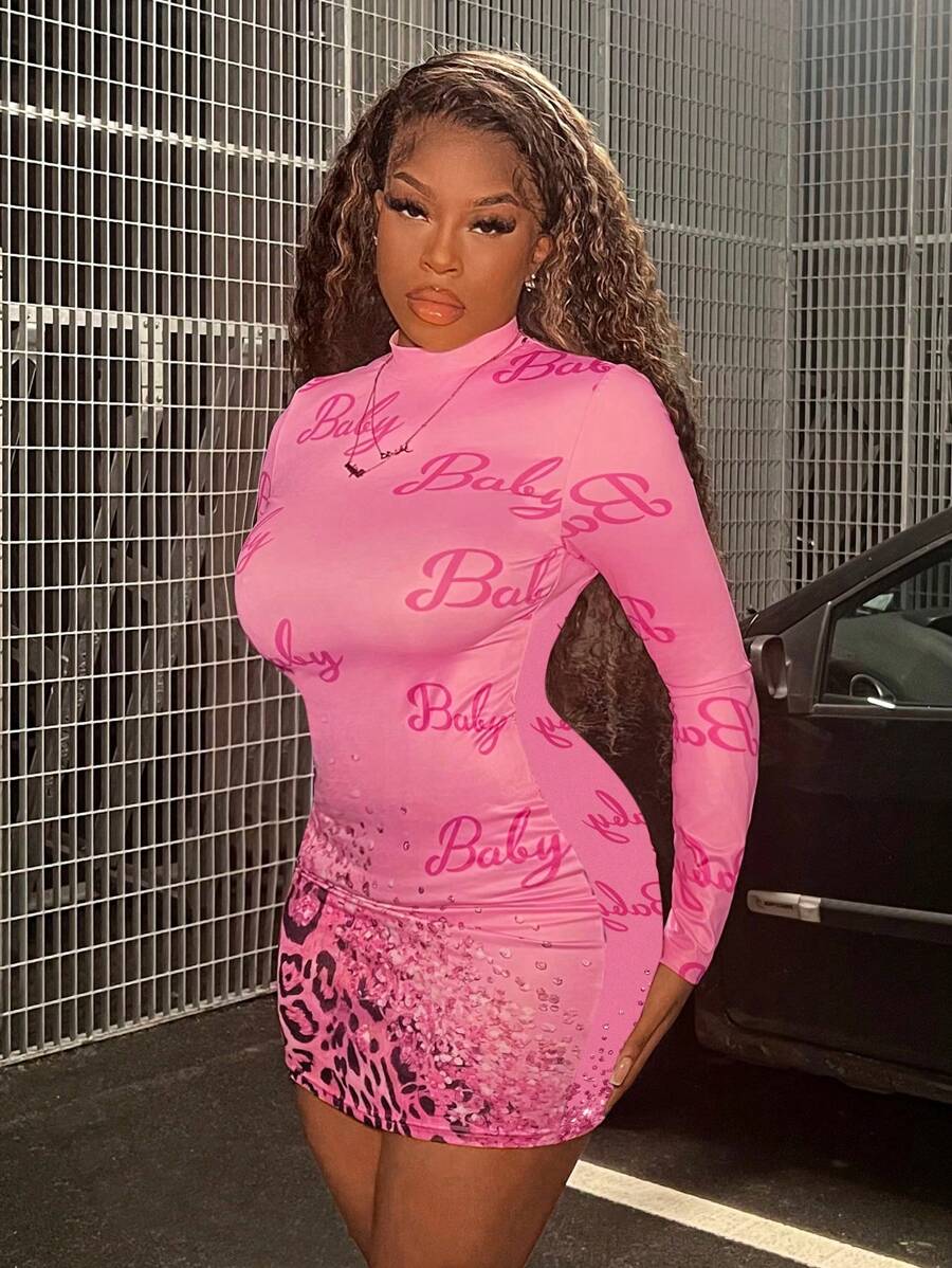 Slaydiva Letter Graphic Mock Neck Bodycon Dress - Multicolor - View 1