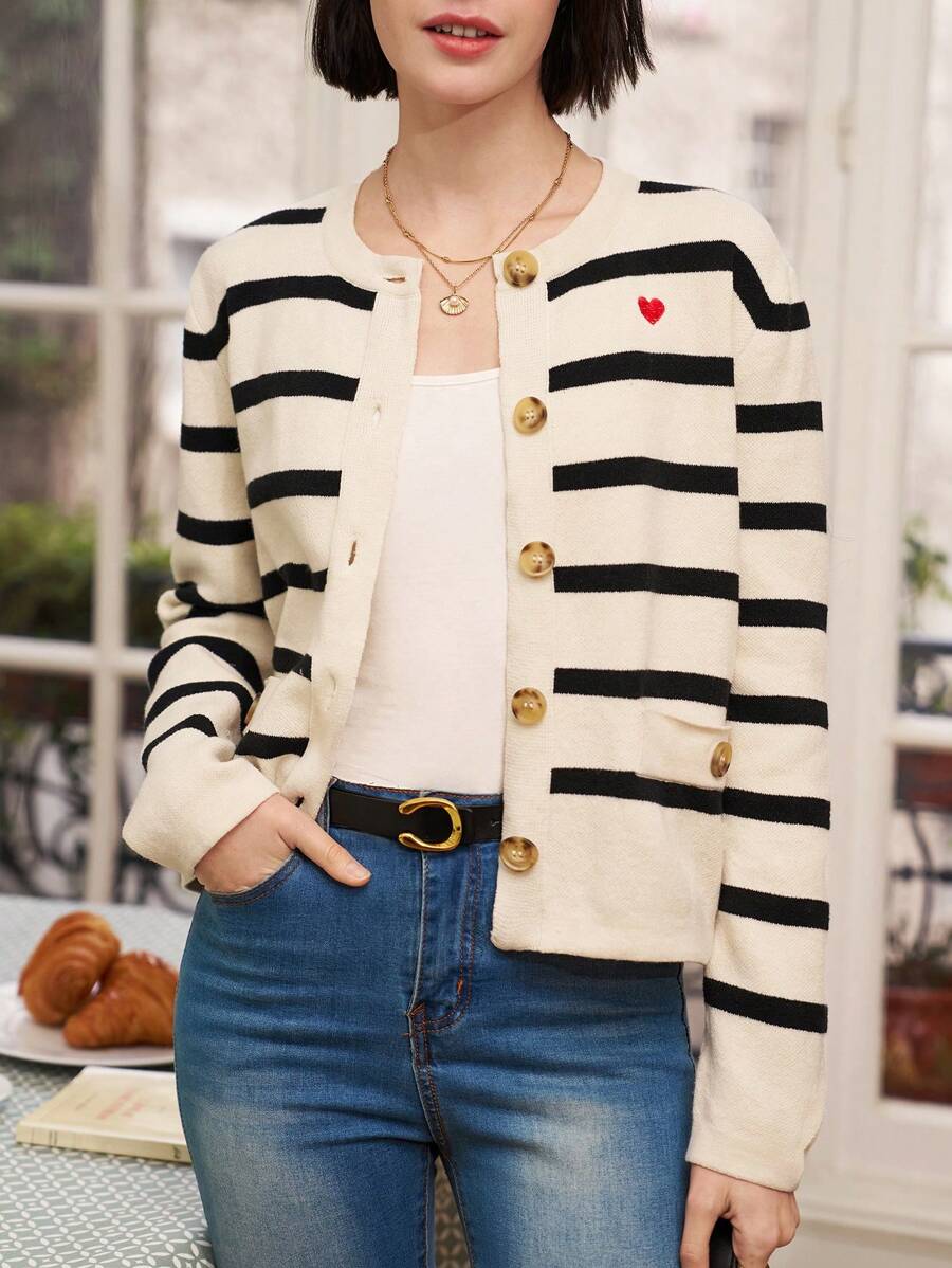 SHEIN Frenchy 心形刺繡條紋開襟衫 - 彩色 - 查看 1