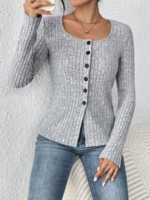 SHEIN Frenchy Button Front Long Sleeve Top - Grey - View 4