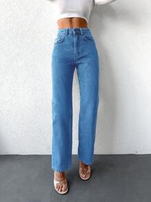SHEIN PETITE High Waist Straight Leg Jeans - Light Wash - View 5