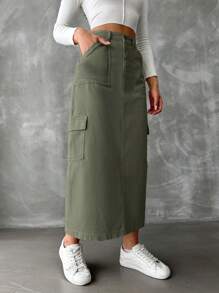 EURMUSE Women's Cargo Style Denim Pocket Skirt - Khaki - View 6