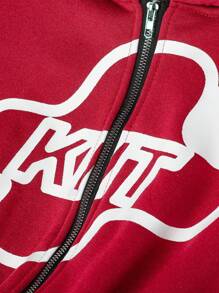 Manfinity Homme 寬鬆男款字母印花拉鍊連帽衫,附可調式抽繩 - 紅色 - 查看 7