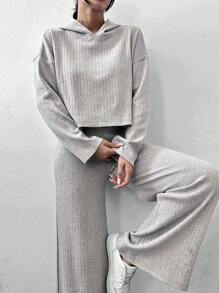 SHEIN PETITE Cotton Drop Shoulder Drawstring Hoodie & Pants - Light Grey - View 1