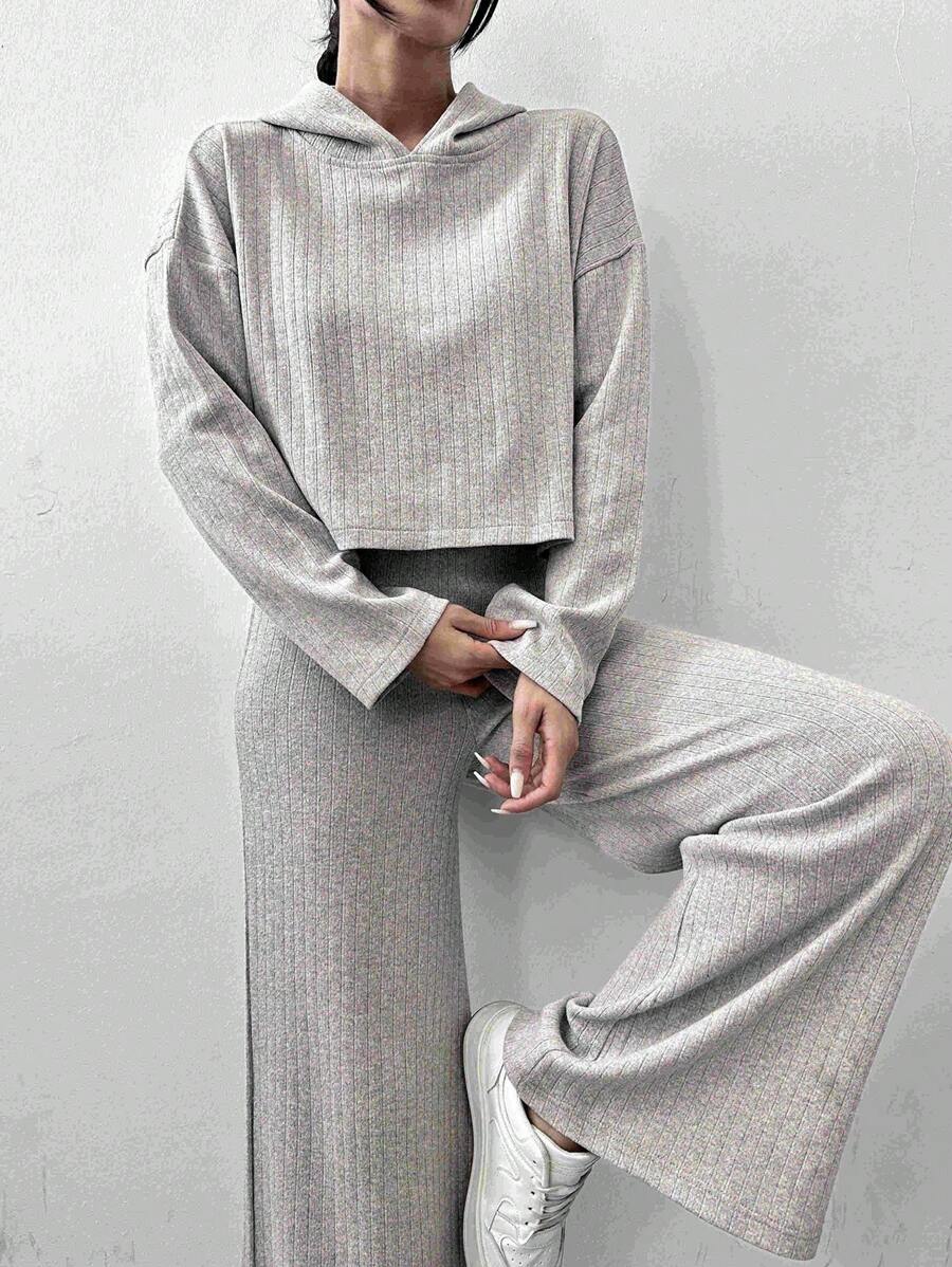 SHEIN PETITE Cotton Drop Shoulder Drawstring Hoodie & Pants - Light Grey - View 1