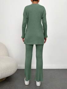 Cloudara Drop Shoulder Split Hem Tee & Pants - Green - View 2