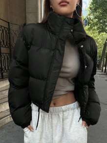 DAZY 抽绳下摆落肩拉链夹棉大衣，冬季女装，冬季女装外套 - 黑色 - 查看 1