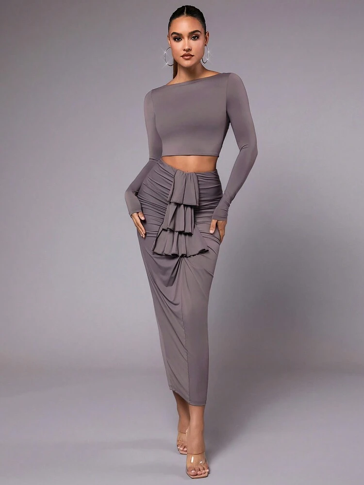 Valentine's Day And New Year'S Eve High-End Elegant Gray Backless Round Neck T-Shirt And Ruffled Decorative Long Skirt Women Two-Piece Set