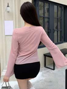 Dazy Star Của phụ nữ Nút hình bướm Trang trí Áo sơ mi - Màu Hồng baby - Xem 2