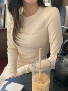 DAZY 纯色垫肩T恤长袖女上衣 - 杏色 - 查看 8