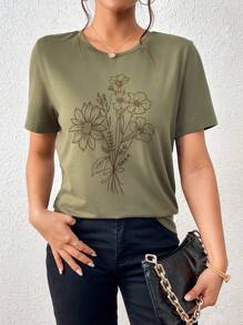 SHEIN LUNE 花卉圖案短袖t卹 - 軍綠色 - 查看 3