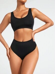 SHAPORA Women's Casual Comfy Knitted Fabric Black Colorblock Backless Shapewear Set With Mini Shorts - Black - View 1