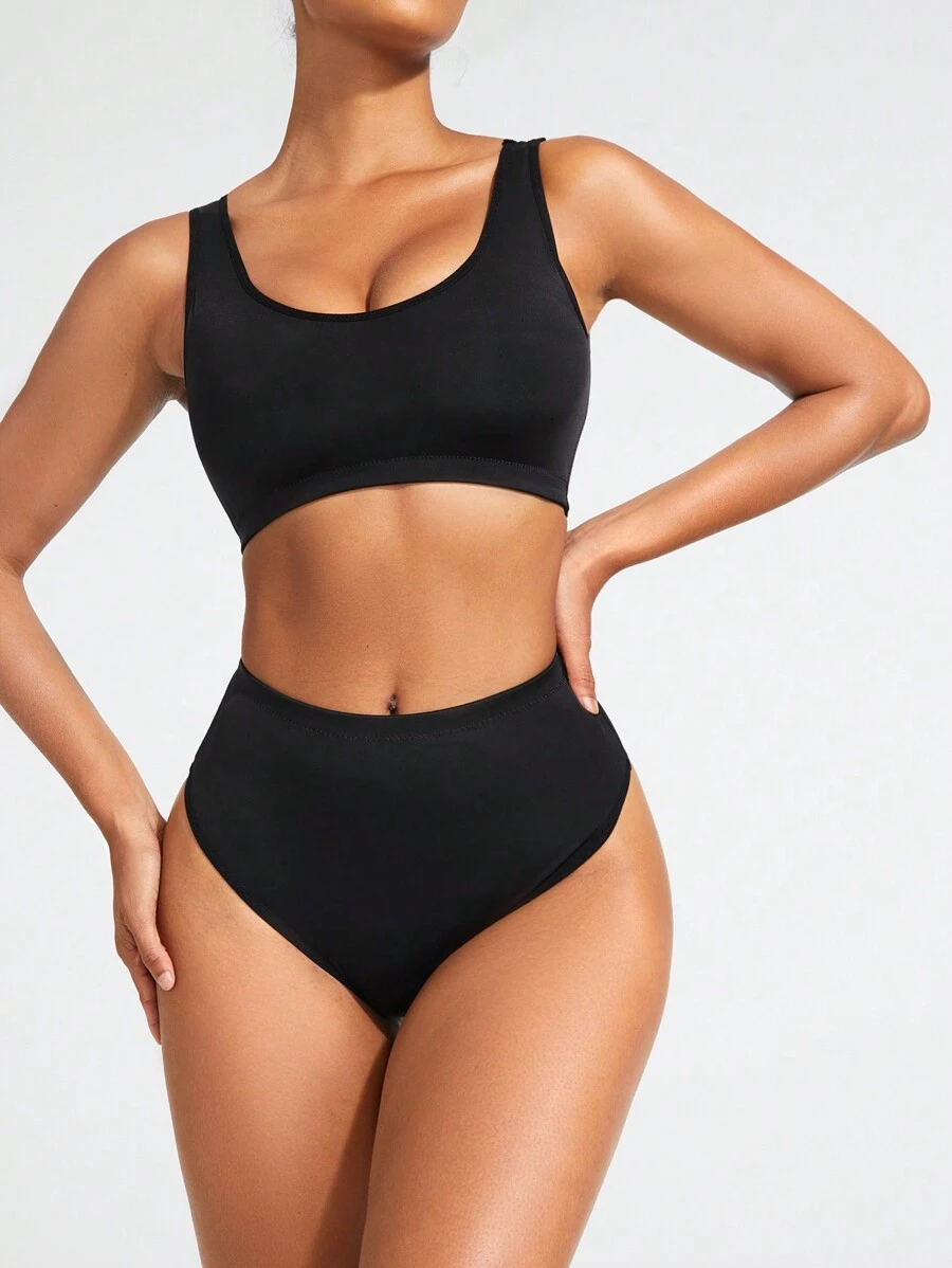 SHAPORA Women's Casual Comfy Knitted Fabric Black Colorblock Backless Shapewear Set With Mini Shorts - Black - View 1