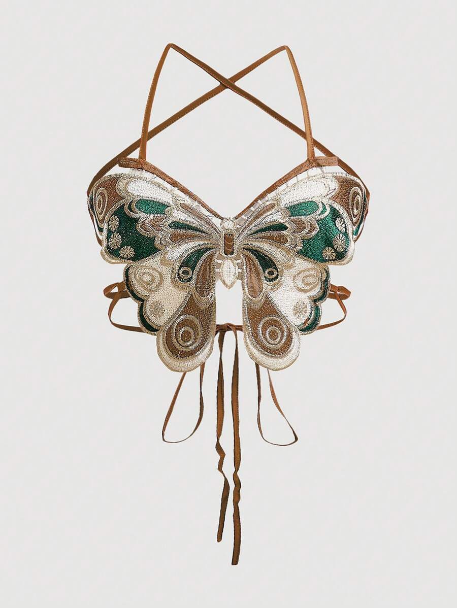 GENKIRA Của phụ nữ Thêu Bướm Dải mỏng Không lưng Cami ngọn - Nhiều màu - Xem 1