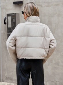 EURMUSE Zip Up Drawstring Hem Puffer Coat - Apricot - View 2