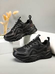 Women's Outdoor Casual Chunky Sneakers With Thick Sole, Chunky Shoes Style, Black