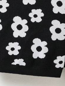 SHEIN Little Girls' Floral Design Round Neck Sweater - Black - View 5