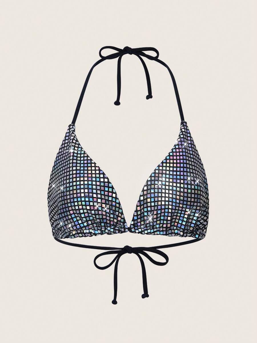 SHEIN Swim 女性多彩閃亮領口泳衣上衣 - 黑色 - 查看 1