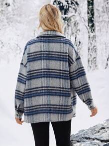 SHEIN Áo khoác kiểu áo sơ mi kẻ sọc thả vai cho bà bầu, mùa đông - Màu xanh lam - Xem 2
