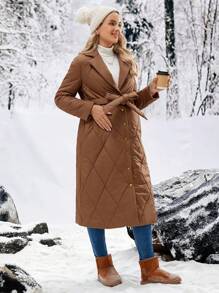 SHEIN Maternity Diamond Quilted Stitching Long Coat, For Winter - Rust Brown - View 3