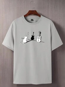 Manfinity Homme 男款加大尺碼貓和吉他印花短袖t恤 - 淺灰色 - 查看 3