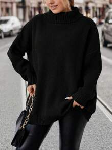 SHEIN LUNE 女款大尺碼領落肩毛衣 - 黑色 - 查看 6