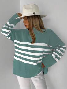 EURMUSE Pullover mit Streifen Muster, Drop Shoulder - Minzgrün - Übersicht 6
