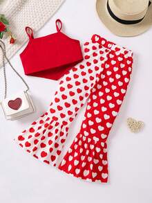 SHEIN 小女孩蝴蝶結裝飾細肩帶背心和愛心喇叭褲套裝