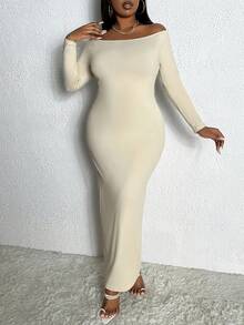 Slaydiva Hơn Off Shoulder Váy bodycon - Màu be - Xem 6