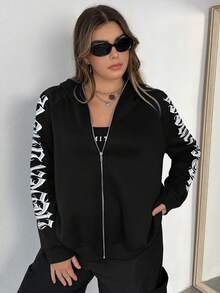 Flirla Áo nỉ tay raglan có khóa kéo, in chữ, cỡ lớn - màu đen - Xem 6