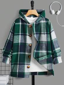 SHEIN Tween Boy Plaid Hooded Jacket - Green - View 1