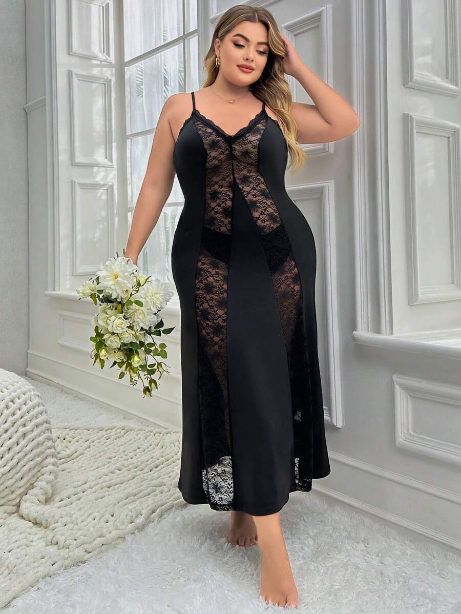 Plus Size Lace Panel Spaghetti Strap Sexy Pajama Night Dress, Long Dress - Black - View 1