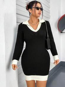 Flirla Women'S Plus Size 2 In 1 Sweater Dress - Black and White - View 7
