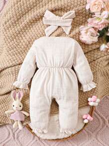 Em bé Cô gái Nút hình bướm Tay áo xù Áo liền quần - Màu be - Xem 2