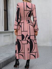 SHEIN Privé Geometric Print Lantern Sleeve Dress - Pink - View 2