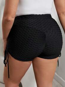 SHEIN Essnce Women's Plus Size Solid Color Textured Drawstring Shorts - Black - View 2