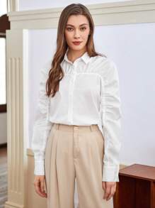 Anewsta Women's Collared Long Sleeve Pleated Shirt Fall Cloth For Women