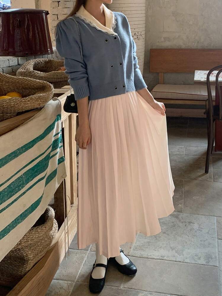 Women's Bowknot Decorated Pleated Dress Sundress,Fall Dress Long Sleeve Dress