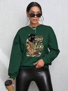 INAWLY 女士掉肩運動衫,印有圖案和口號 - 墨綠色 - 查看 3