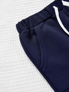 SHEIN 男童休閒運動拼接口袋字母印花加厚暖襯汗褲,冬季 - 藏蓝色 - 查看 3