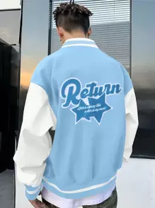 Men Star & Slogan Patched Two Tone Varsity Jacket - Blue and White - View 1