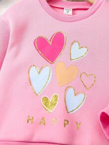 SHEIN Nhỏ bé Cô gái Hình trái tim Vòng cổ Áo nỉ Và Quần thể thao Bộ - Hồng - Xem 7