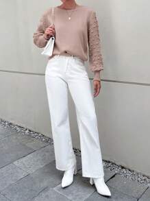 EURMUSE Solid Bishop Sleeve Sweater - Dusty Pink - View 5