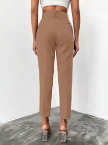 EURMUSE Solid Slant Pocket Belted Cropped Suit Pants - Brown - View 5