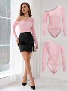 SHEIN Privé Women's Mesh Jacquard Asymmetric Collar Bodysuit - Pink - View 1